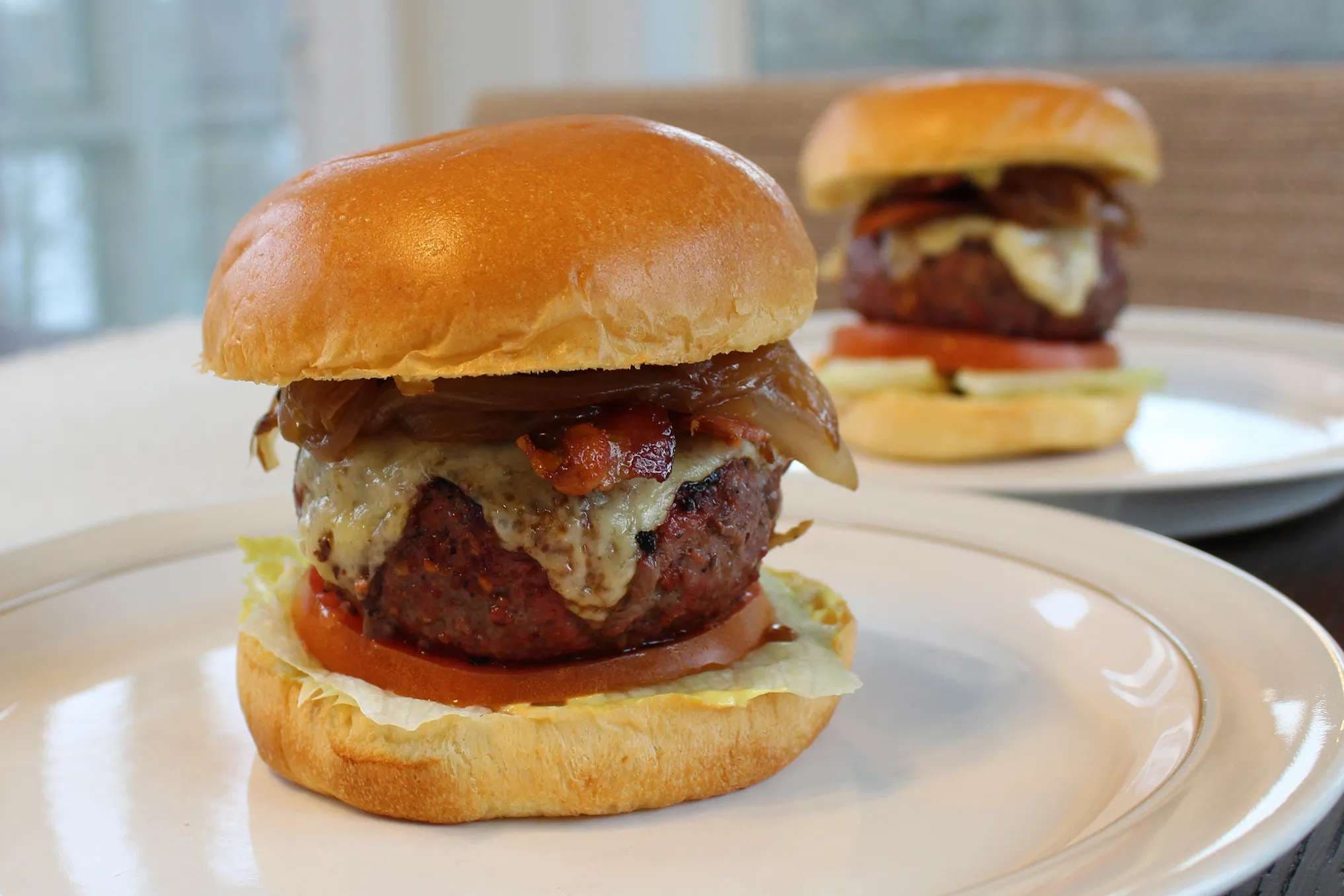 Caramelized Onion and Aged Cheddar Burgers