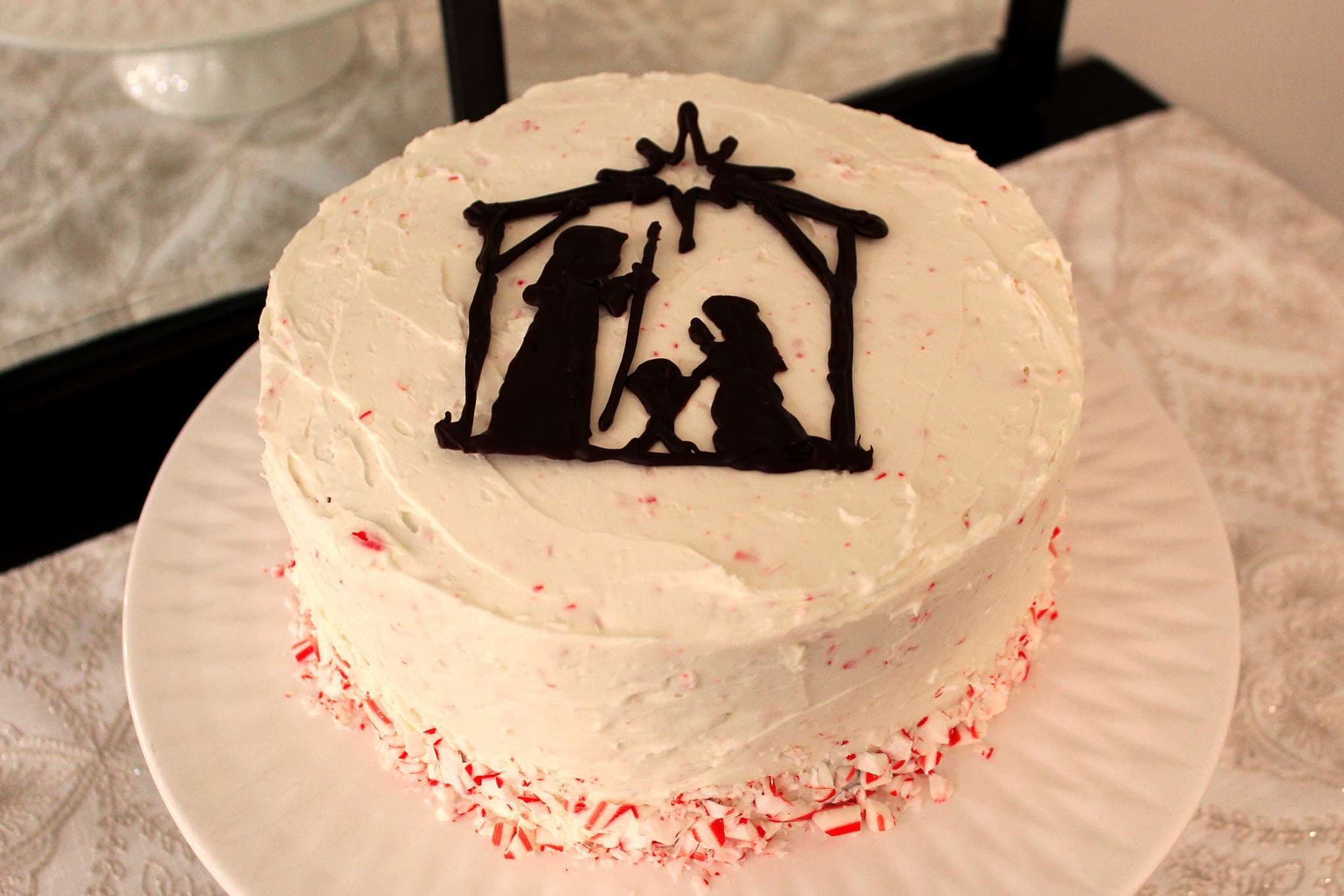 Chocolate candy cane nativity cake, a birthday cake for Jesus